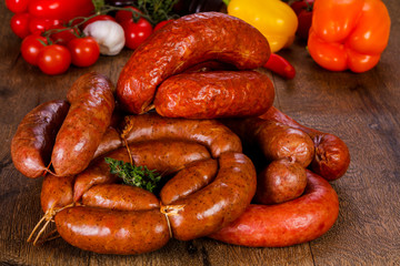 Pork sausages over wooden