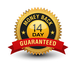 Top quality golden 14 day money back guaranteed banner, sticker, tag, icon, stamp, label, sign with red ribbon on top, isolated on white background.