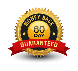 Top quality golden 60 day money back guaranteed banner, sticker, tag, icon, stamp, label, sign with red ribbon on top, isolated on white background.