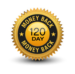 Top quality golden 120 day money back guaranteed banner, sticker, tag, icon, stamp, label, sign isolated on white background.