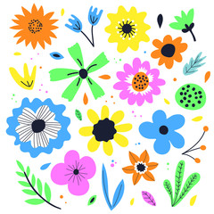 Big colorfull collection of flowers and leaves. Isolated decorative clipart for your design card, invitation, banner and others