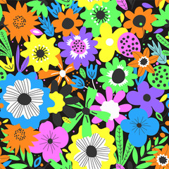 Fototapeta na wymiar Cute seamless pattern with flowers and leaves. Colorful background for your design. Vector