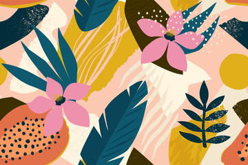 Collage contemporary floral seamless pattern. Modern exotic jungle fruits and plants illustration in vector. - obrazy, fototapety, plakaty
