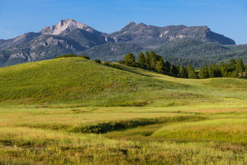 Mountain peaks above a beautiful grassy meadow and  hills - the Rocky Mountains near Pagosa Springs, Colorado