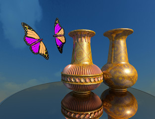 Two butterflies and two vases on mirror table 3D illustration. Sky background. Collection.