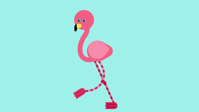 100 baby animals. Walk cycle of a cute baby pink flamingo. 2D animation made in 4K, loopable clip 