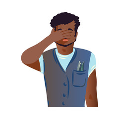 Afro american man in work clothes cover his face