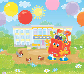 The first of September. Happy schoolbag cartoon character with colorful balloons in front of a school on a sunny day, vector illustration