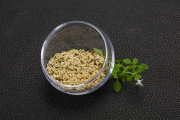 Peeled hemp seeds in the bowl