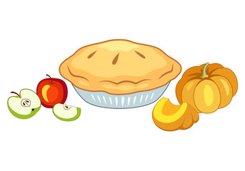 Holiday Pie. Apple And Pumpkin Pie On Plate Vector Illustration Isolated On White.
