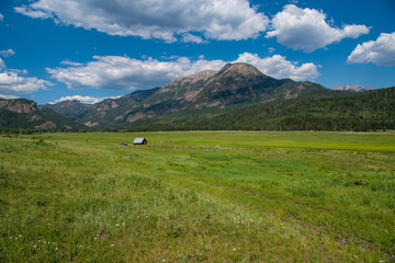 Rural scene of grassy fields and an old weathered cabin on a ranch under a beautiful blue sky with puffy white clouds in the Rocky Mountains near Pagosa Springs, Colorado