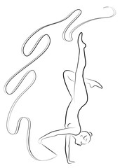 Rhythmic gymnastics. Silhouette of a girl with a ribbon. Beautiful gymnast. The woman is slim and young. Vector illustration.