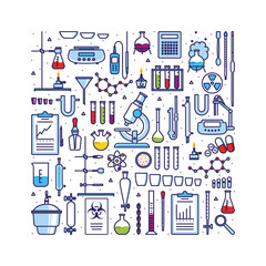 Square concept with 50 types of laboratory equipments and instruments in a flat style with a wide outline. Set of multicolor icons on the theme of chemistry.