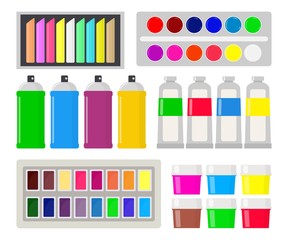 Collection of various types of paint: gouache, watercolor, oil paint, spray paint, chalk, pastel. Art supplies. Drawing creative materials for workshops designs.