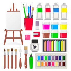 Painting tools set. Various art supplies. Drawing creative materials for workshops designs.