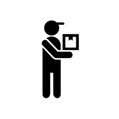 Icon, badge, delivery logo. Vector illustration of a silhouette of man with a box in a flat style.