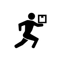 Icon, badge, delivery logo. Vector illustration of a silhouette of a running man with a box in a flat style.