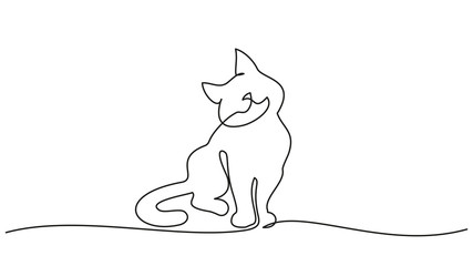 One line drawing. Cat sitting with curled tail