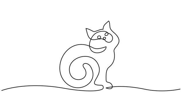 One Line Drawing. Cat Sitting With Curled Tail