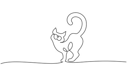 One line drawing. Cat standing with curled tail
