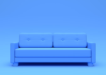 Modern sofa, couch isolated on a pastel blue living room. Empty interior background . Minimal creative style concept. 3D rendering illustration front view
