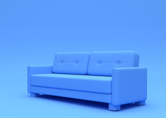 Modern sofa, couch isolated on a pastel blue living room. Empty interior background . Minimal creative style concept. 3D rendering illustration side view