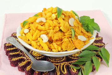 indian traditional snack food chivda,chevda farsan, bhel mix, namkin or nimco mix
