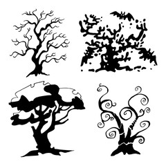 Set of trees for halloween. Collection of halloween silhouettes. Elements for halloween decorations. Vector icons, sticker.