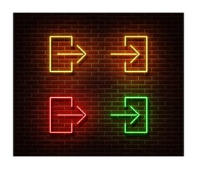 Neon entrance, exit signs vector isolated on brick wall. Direction door light symbol, decoration eff