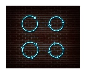 Neon upload, reload signs vector isolated on brick wall. Load light symbol, decoration effect. Neon 