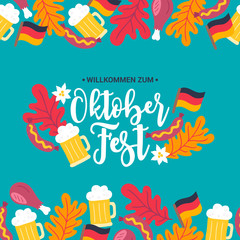 Oktoberfest greeting card with seamless border - german flag, beer, sausage