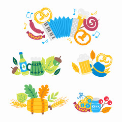 Oktoberfest compositions with beer, pretzel, sausage, notes, accordion, hat, acorn,