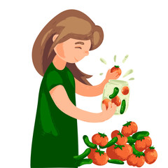 vegetable conservation, gardening. girl holds vegetables in hands - tomato, cucumber, salad. seasoning salt in cans, homemade food. vector illustration