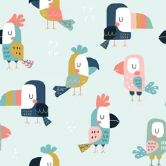 Wall murals Scandinavian style Seamless childish pattern with cute parrots and toucans. Scandinavian style kids texture for fabric, wrapping, textile, wallpaper, apparel. Vector flat funny illustration.