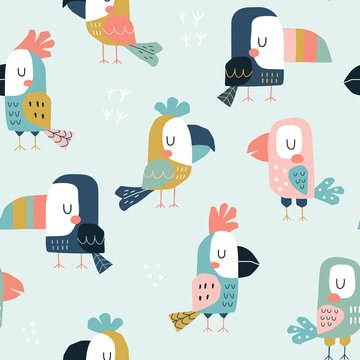 Seamless childish pattern with cute parrots and toucans. Scandinavian style kids texture for fabric, wrapping, textile, wallpaper, apparel. Vector flat funny illustration.