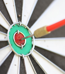 Close-up image with a dart in the bullseye of a practice target