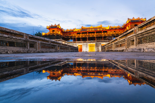 Hue, Vietnam - June 2019: Main Gate To The Purple Forbidden Imperial City At Sunset