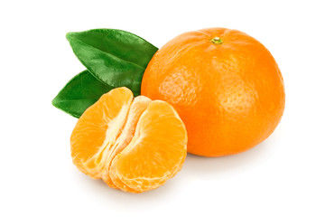 tangerine or mandarin fruit with leaves isolated on white background