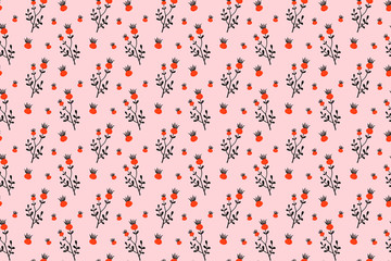 Hand drawn simple primitive floral botanical dog rose seamless pattern. Autumn, fall, harvest