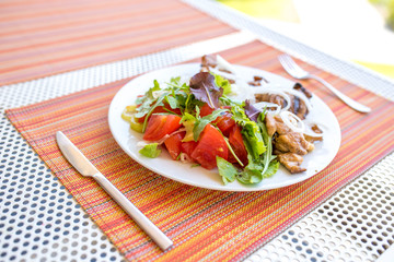 Plate full of chicken meat and fresh salad with tomato, paprika, onions and arugula