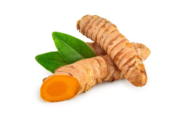 turmeric root and slices isolated on white background
