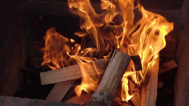 Flames on birch wood in a fireplace. Four times slow motion video