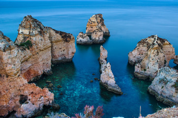 Fototapeta na wymiar Fantastic rock formations set in a turquoise water at Ponta da Piedade, Lagos, Western Algarve coast, Portugal. 