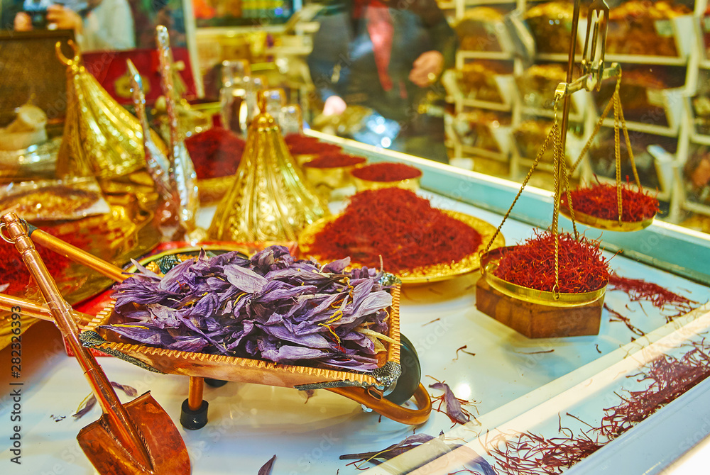 Sticker Saffron in showcase of  store, Tajrish Bazaar, Tehran, Iran