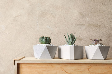 Beautiful succulent plants in stylish flowerpots on wooden cabinet against brown background, space for text. Home decor