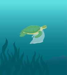 Sea turtle swimming with plastic bag vector illustration