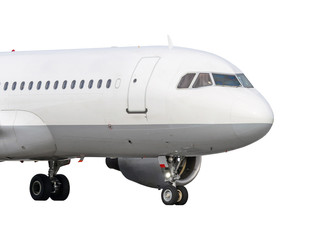 Aircraft nose front with landing gear extended isolated on white background.