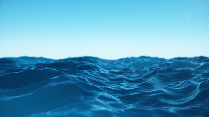 Sea wave low angle view. Ocean water background. View from below, view of a clear blue sky with. Sea or ocean wave close-up view. Beautiful blue clean water. 3D rendering