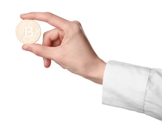 Person holding bitcoin isolated on white, closeup