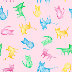 Cute cats animals watercolor painting - hand drawn seamless pattern on pink background